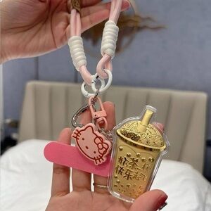 Hello Kitty Pink and Gold Bubble Drink Charm Keyring